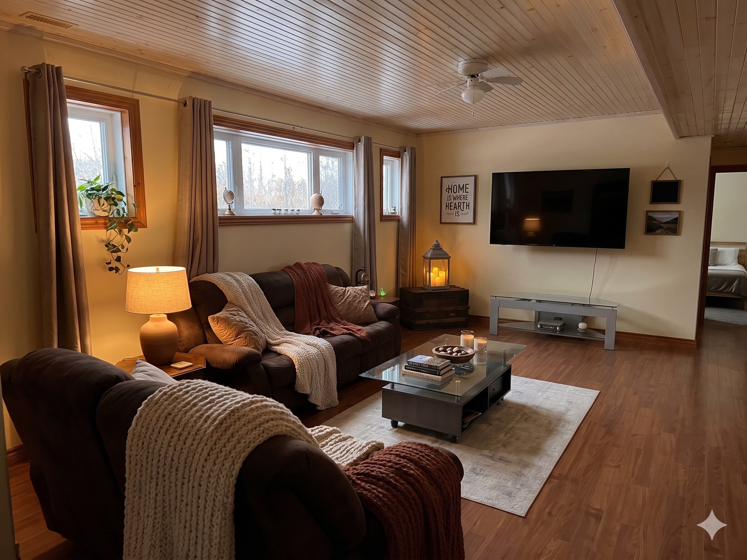 Family room with wood stove
